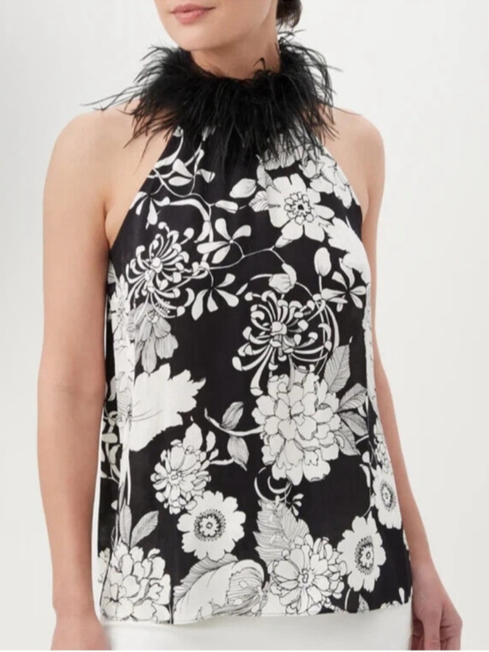 Trina Turk Grand Top Feather Trim Halter Blouse NWT Black White Floral Large XL